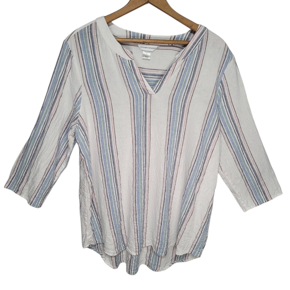 Christopher & Banks Linen Blend Roll Tab Sleeve Blouse Size L Coastal Old Money